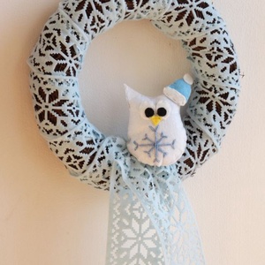 Jégkék baglyos koszorú - Téli ajtódísz - Baglyos ajtódísz -  - Meska.hu