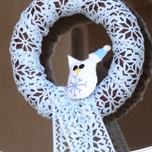 Jégkék baglyos koszorú - Téli ajtódísz - Baglyos ajtódísz -  - Meska.hu