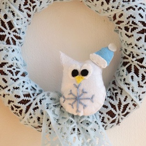 Jégkék baglyos koszorú - Téli ajtódísz - Baglyos ajtódísz -  - Meska.hu