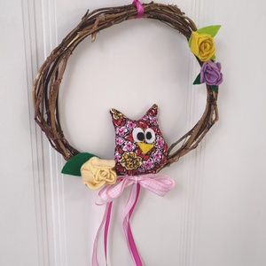 Tavaszi baglyos - virágos ajtódísz - tavaszi koszorú rózsával - tavaszi kopogtató bagoly figurával  - otthon & életmód - dekoráció - ajtó- és ablak dekoráció - ajtódísz & kopogtató - Meska.hu