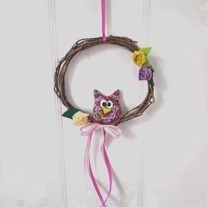 Tavaszi baglyos - virágos ajtódísz - tavaszi koszorú rózsával - tavaszi kopogtató bagoly figurával  - otthon & életmód - dekoráció - ajtó- és ablak dekoráció - ajtódísz & kopogtató - Meska.hu