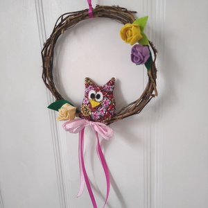Tavaszi baglyos - virágos ajtódísz - tavaszi koszorú rózsával - tavaszi kopogtató bagoly figurával  - otthon & életmód - dekoráció - ajtó- és ablak dekoráció - ajtódísz & kopogtató - Meska.hu