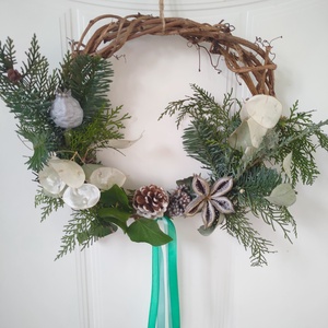 Adventi ajtódísz élő növényekkel, termésekkel - karácsonyi kopogtató szárított növények felhasználásával  - karácsony - adventi díszek - adventi ajtódísz - Meska.hu