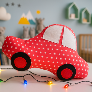 Autó formájú párna - piros csillagos autó - Autós díszpárna - Autó párna - Textiljáték - Textilfigura, Játék & Sport, Plüssállat & Játékfigura, Plüss autó & Motor, Varrás, MESKA