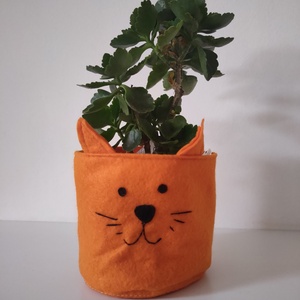 Cicás kaspó - filc kaspó takaró kosár - állatos tároló - cica formájú kosár - cica figurás dekoráció gyerekszobába - Meska.hu