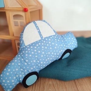 Autó formájú párna - Világoskék / Fehér csillagos - Autós díszpárna - Autó párna - Textiljáték - Textilfigura, Baba - mama, Babaszoba-dekoráció, Gyerek díszpárna, Varrás, MESKA