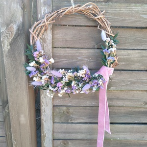 Szárazvirágos ajtódísz - lila koszorú szárított virágokkal - tavaszi kopogtató igazi növényekkel, Otthon & Életmód, Dekoráció, Ajtó- és ablak dekoráció, Ajtódísz & Kopogtató, Virágkötés, MESKA