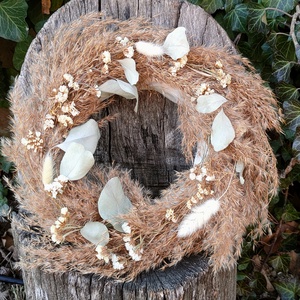 Boho natúr szárazvirág koszorú - őszi ajtódísz szárított virágokkal - natúr kopogtató igazi növényekkel - Meska.hu