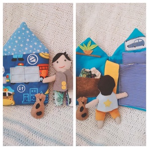 Textil babaház fiú babával, tartozékokkal - interaktív házikó - öltöztethető textil baba ruhákkal, házzal, kutyussal - játék & sport - baba & babaház - babaház - Meska.hu