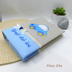 Autós hímzett baba fotóalbum névvel - textil fényképalbum hímzett névvel - otthon & életmód - papír, írószer - album & fotóalbum - Meska.hu