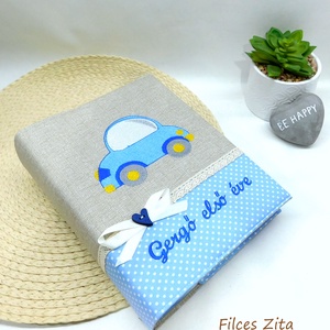 Autós hímzett baba fotóalbum névvel - textil fényképalbum hímzett névvel - otthon & életmód - papír, írószer - album & fotóalbum - Meska.hu