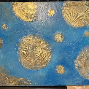 Fosszíliák - Strukturált absztrakt festmény � Arany és kék textúrák (38x32 cm) - művészet - festmény - festmény vegyes technika - Meska.hu