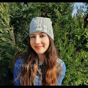 Fiorella kifordítható szürke világoskék SAPKA/ nyuszi - ruha & divat - sál, sapka, kendő - sapka - Meska.hu