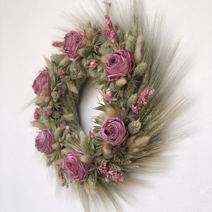 Rózsa-zöld kopogtató, Otthon & Életmód, Dekoráció, Ajtó- és ablak dekoráció, Ajtódísz & Kopogtató, Virágkötés, MESKA