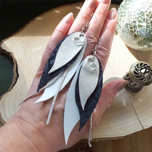 Fülbevaló, valódi bőr, fehér, kék, ezüst, 12 cm, Ékszer, Fülbevaló, Csillár fülbevaló, Bőrművesség, Ékszerkészítés, MESKA