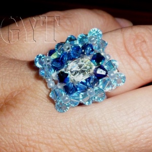 Nagy Swarovski gyűrű - Kék és kristály, Ékszer, Gyűrű, Gyöngyös gyűrű, Gyöngyfűzés, gyöngyhímzés, MESKA