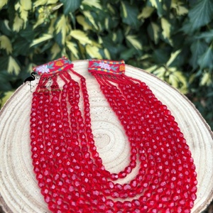 9 soros piros különleges ÜVEG gyöngy kaláris , Ékszer, Nyaklánc, Párhuzamos nyaklánc, Gyöngyfűzés, gyöngyhímzés, MESKA