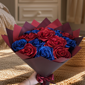 18 szálas tengerészkék és vörös örökrózsa csokor � szatén rózsacsokor ajándékba  - otthon & életmód - virágdekoráció - virágok - virágcsokor - Meska.hu