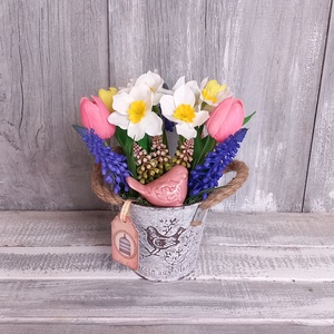  Vintage Tavaszi Kismadár  - Tavaszi Asztaldísz/Virágos Asztaldísz/Köszöntő Virágdísz - otthon & életmód - dekoráció - asztal és polc dekoráció - asztaldísz - Meska.hu