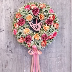 Rózsamadár- Virágos Kopogtató/ Tavaszi Kopogtató /Nyári Ajtódísz/Ajtódísz /Falidísz/Koszorú, Otthon & Életmód, Dekoráció, Ajtó- és ablak dekoráció, Ajtódísz & Kopogtató, Virágkötés, MESKA