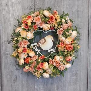 Kismadár Kopogtat- Virágos Kopogtató/Tavaszi Kopogtató/Tavaszi Ajtódísz/Nyári Ajtódísz/Ajtódísz /Falidísz/Koszorú, Otthon & Életmód, Dekoráció, Ajtó- és ablak dekoráció, Ajtódísz & Kopogtató, Virágkötés, MESKA