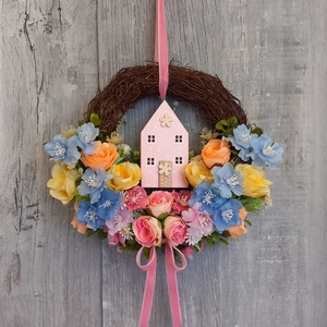 Virágos Házikó Kopogtat- /Tavasz Ajtódísz/Virágos Kopogtató/ Tavaszi Kopogtató /Ajtódísz /Falidísz/Koszorú - Meska.hu