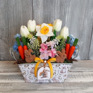 Nyuszikák Virágoskertje  - Húsvéti Asztaldísz/Tavaszi Asztaldísz/Asztaldísz/Virágos Asztaldísz, Otthon & Életmód, Virágdekoráció, Virágdíszek, Virágdísz kaspóban, Virágkötés, MESKA