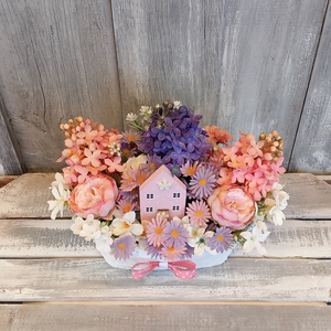 Virágoskert Házikója  - Tavaszi Asztaldísz/Virágos Asztaldísz/Asztaldísz/Virágajándék/Virágkosár - otthon & életmód - virágdekoráció - virágdíszek - virágdísz kaspóban - Meska.hu