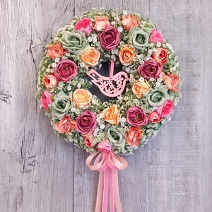 Rózsamadár- Virágos Kopogtató/ Tavaszi Kopogtató /Nyári Ajtódísz/Ajtódísz /Falidísz/Koszorú, Otthon & Életmód, Dekoráció, Ajtó- és ablak dekoráció, Ajtódísz & Kopogtató, Virágkötés, MESKA