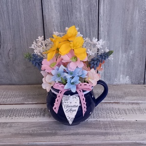 Virágok Pöttyös Ruhában - Anyák-napi Asztaldísz/Tavaszi Asztaldísz/Virágos Asztaldísz/Köszöntő Asztaldísz, Otthon & Életmód, Virágdekoráció, Virágdíszek, Virágdísz kaspóban, Virágkötés, MESKA