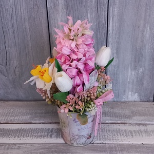 Boldog Virágok - Anyák-napi Asztaldísz/Tavaszi Asztaldísz/Virágos Asztaldísz/Köszöntő Asztaldísz - otthon & életmód - virágdekoráció - virágdíszek - virágdísz kaspóban - Meska.hu