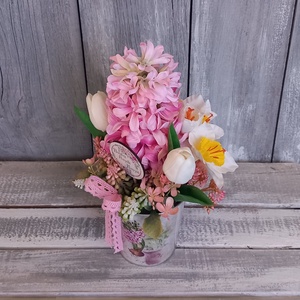 Boldog Virágok - Anyák-napi Asztaldísz/Tavaszi Asztaldísz/Virágos Asztaldísz/Köszöntő Asztaldísz - otthon & életmód - virágdekoráció - virágdíszek - virágdísz kaspóban - Meska.hu