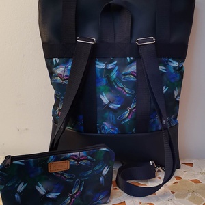 Sötétkék textilbőr, Roll top hátizsák/hátitáska/női táska/city bag/ laptop hátizsák/ színes szitakötők róza - táska & tok - hátizsák - roll top hátizsák - Meska.hu