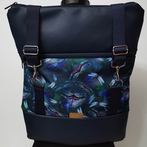 Sötétkék textilbőr, Roll top hátizsák/hátitáska/női táska/city bag/ laptop hátizsák/ színes szitakötők róza - Meska.hu