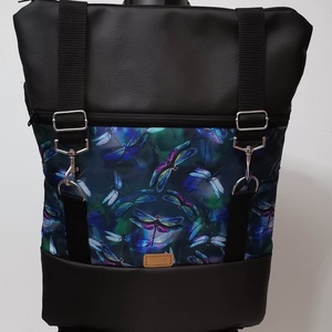 Fekete textilbőr, Roll top hátizsák/hátitáska/női táska/city bag/ laptop hátizsák/ színes szitakötők róza - Meska.hu