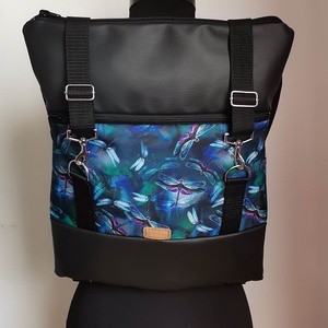 Fekete textilbőr, Roll top hátizsák/hátitáska/női táska/city bag/ laptop hátizsák/ színes szitakötők róza - Meska.hu