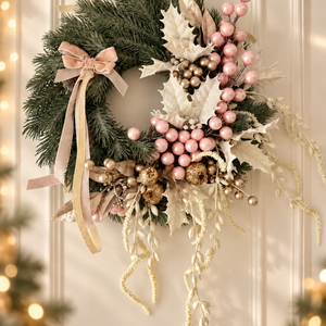 Karácsonyi kopogtató - rózsaszín, fehér színvilág - karácsony - adventi díszek - adventi ajtódísz - Meska.hu