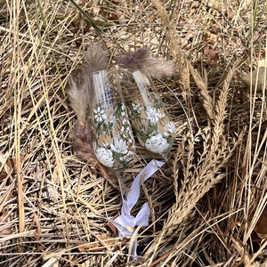 Boho Kézzel festett pezsgőspohár, greenery esküvői kiegészítő, egyedi ajándék - esküvő - dekoráció - tálalás - Meska.hu