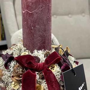 Gyertyás asztaldísz bordó kaspóban - karácsony - adventi díszek - adventi asztaldísz - Meska.hu