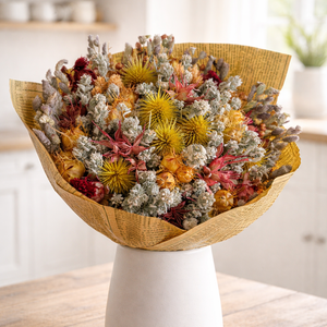 Szárazvirág csokor sárgás és natúr színekben, Otthon & Életmód, Virágdekoráció, Virágok, Virágcsokor, Virágkötés, MESKA