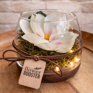 Magnólia üvegtálban fa talpon Nőnapra ledfénnyel, Otthon & Életmód, Dekoráció, Asztal és polc dekoráció, Asztaldísz, Virágkötés, MESKA