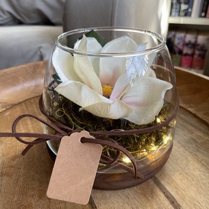 Magnólia üvegtálban fa talpon Nőnapra ledfénnyel - otthon & életmód - dekoráció - asztal és polc dekoráció - asztaldísz - Meska.hu