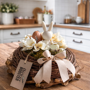 Húsvéti asztaldísz háncs koszorún hortenziával és bézs nyuszival, Ünnepi díszek, dekorációk, Húsvéti díszek és dekorációk, Húsvéti asztaldíszek, Virágkötés, MESKA