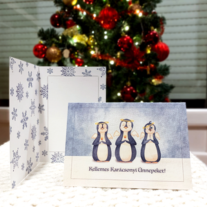 Pingvin angyalok karácsonyi üdvözlőlap, Karácsony, Karácsonyi ajándékozás, Karácsonyi képeslap, üdvözlőlap, ajándékkísérő, Festészet, Fotó, grafika, rajz, illusztráció, Meska