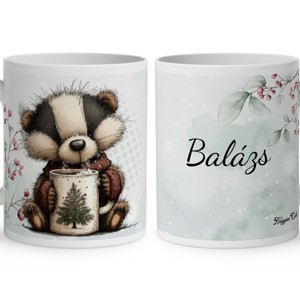 Névvel kérhető - Cuki téli borz egy kávéval mintás bögre, Otthon & Életmód, Konyhafelszerelés, tálalás, Tálalás, Bögre & Csésze, , MESKA