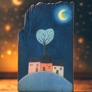 Három házikó, Művészet, Festmény, Akril, Famegmunkálás, Festészet, MESKA