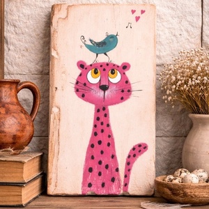 Rózsaszín párduc, Művészet, Festmény, Akril, Famegmunkálás, Festészet, MESKA