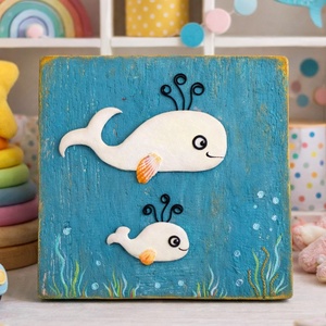 Bálnák, Művészet, Festmény, Akril, Famegmunkálás, Festészet, MESKA