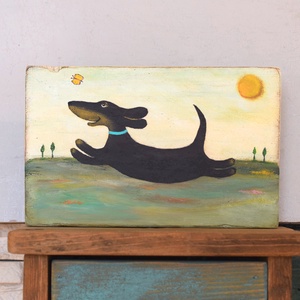 Száguldó tacsi, Művészet, Festmény, Akril, Famegmunkálás, Festészet, MESKA