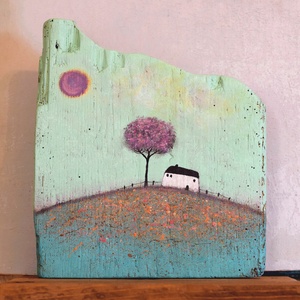 Házikó a dombtetőn, Művészet, Festmény, Akril, Festészet, Rusztikus fára, akrillal festett egyedi kép, matt fedőlakkal bevonva. Mérete 27x23 cm, hátulján aka..., MESKA